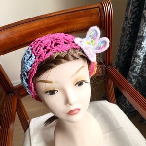 Handmade Crochet Ponytail Hat/Beanie with bunny ears hair Clip